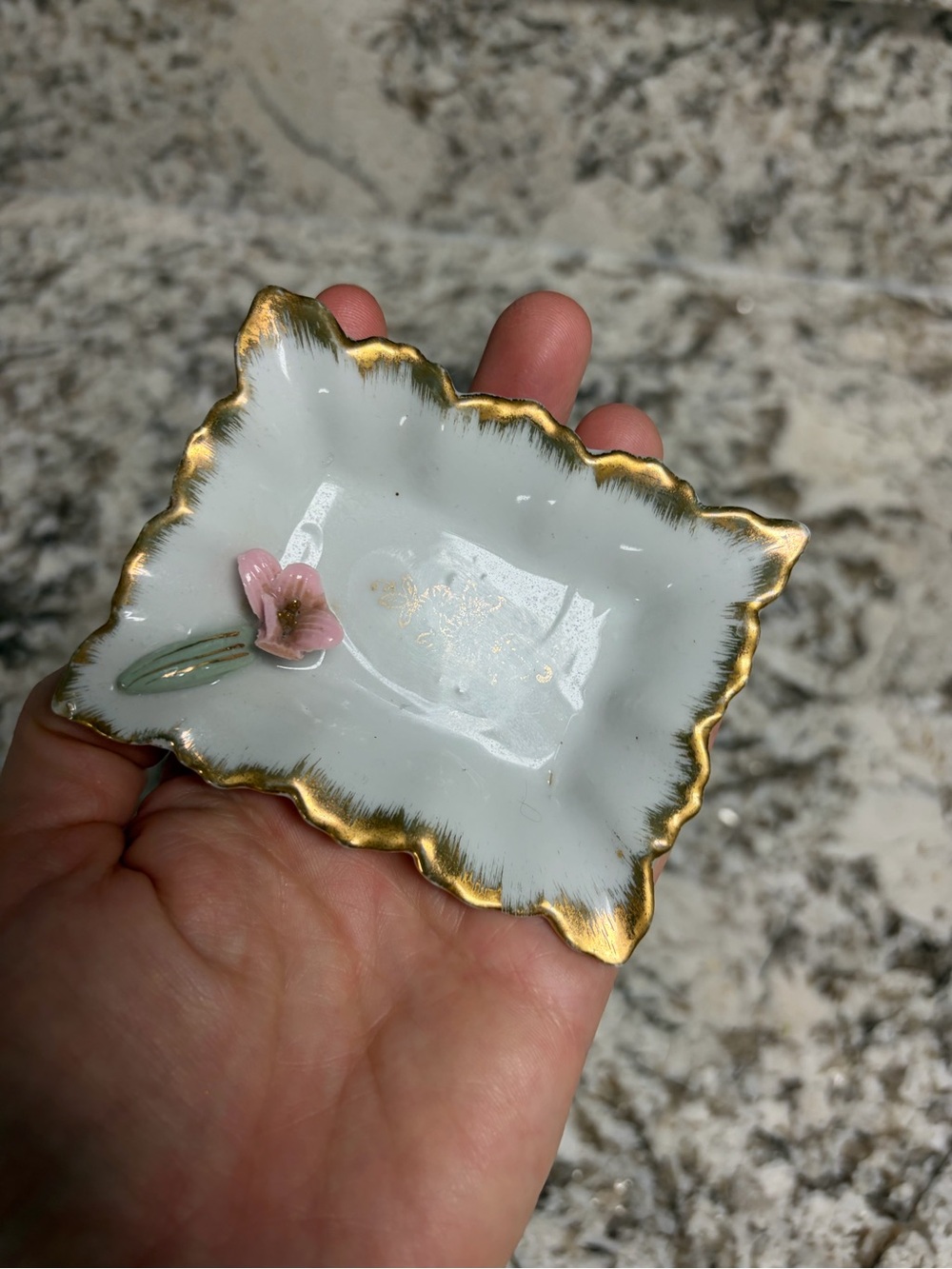 Vintage Thames Porcelain Gold-Trim Floral Trinket Dish - see chips -Pink Flower